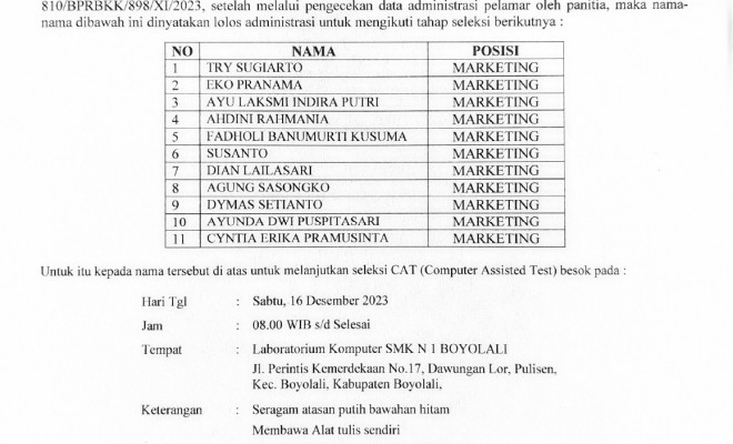 Pengumuman Hasil Seleksi Administrasi Calon Pegawai PT. BPR BKK Boyolali Tahun 2023